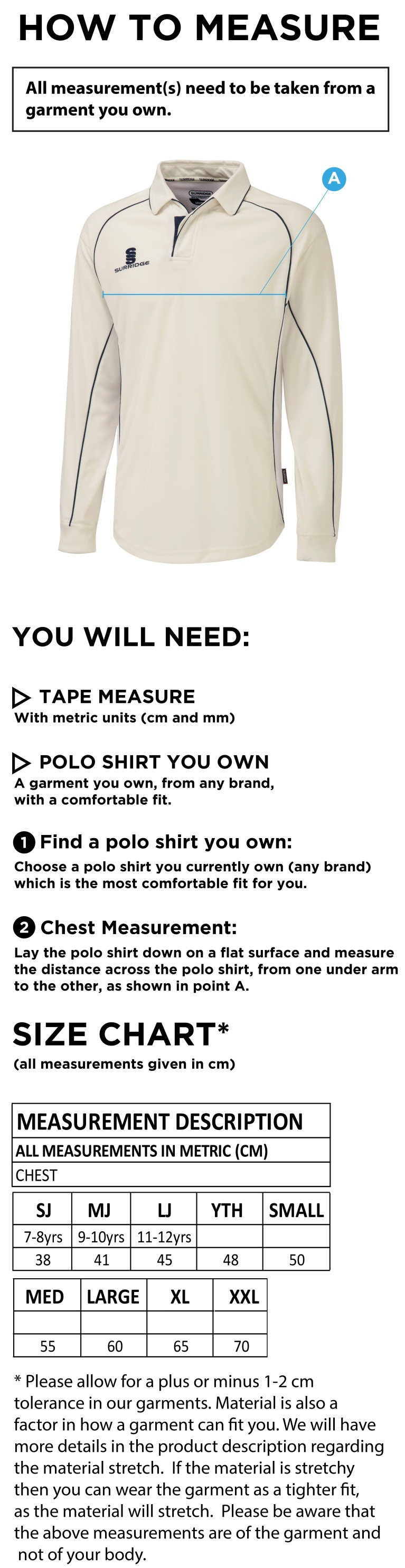 Cumbria 50's Long Sleeve Shirt White Trim - Size Guide