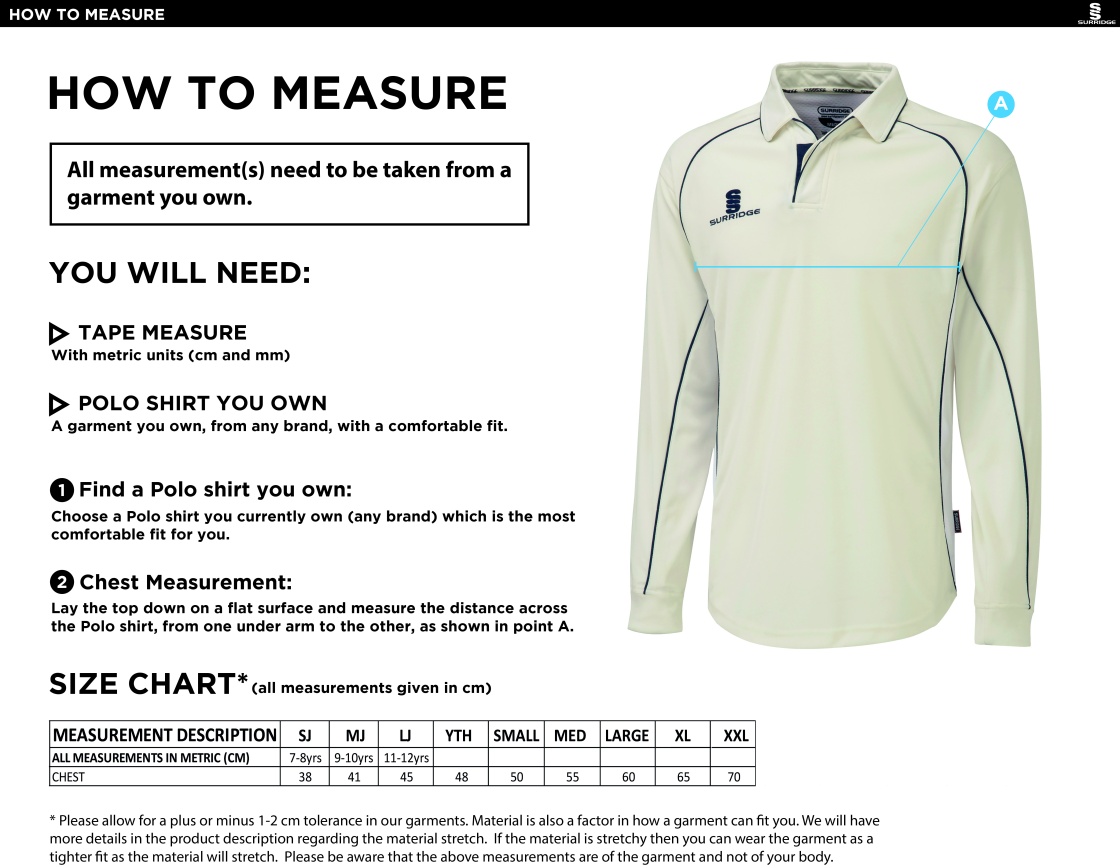 Cumbria 50's Long Sleeve Shirt White Trim - Size Guide