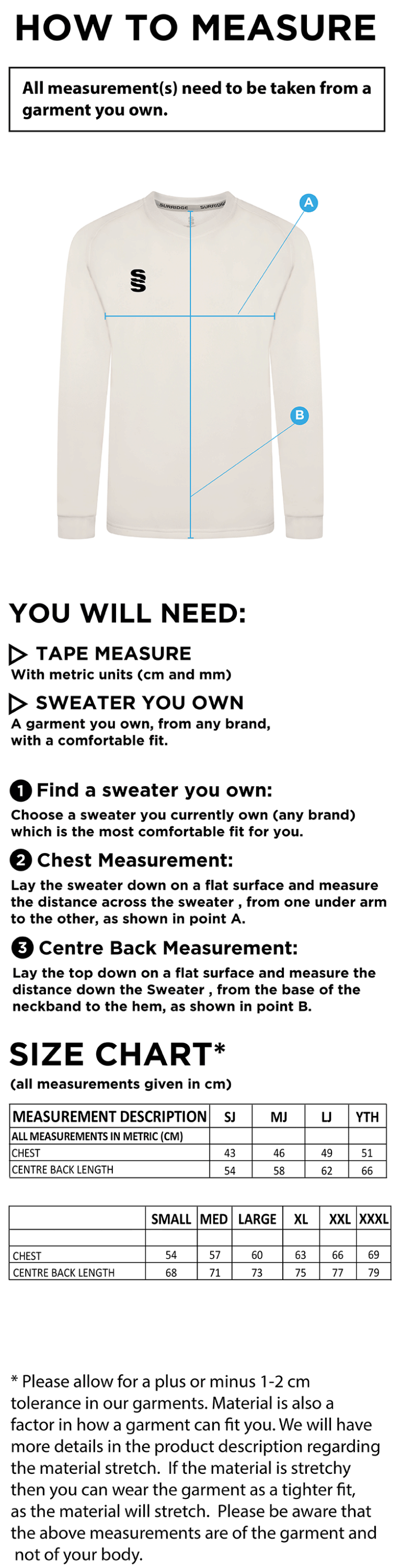 Cumbria 50's Blast Long Sleeve Cricket Sweater - Size Guide