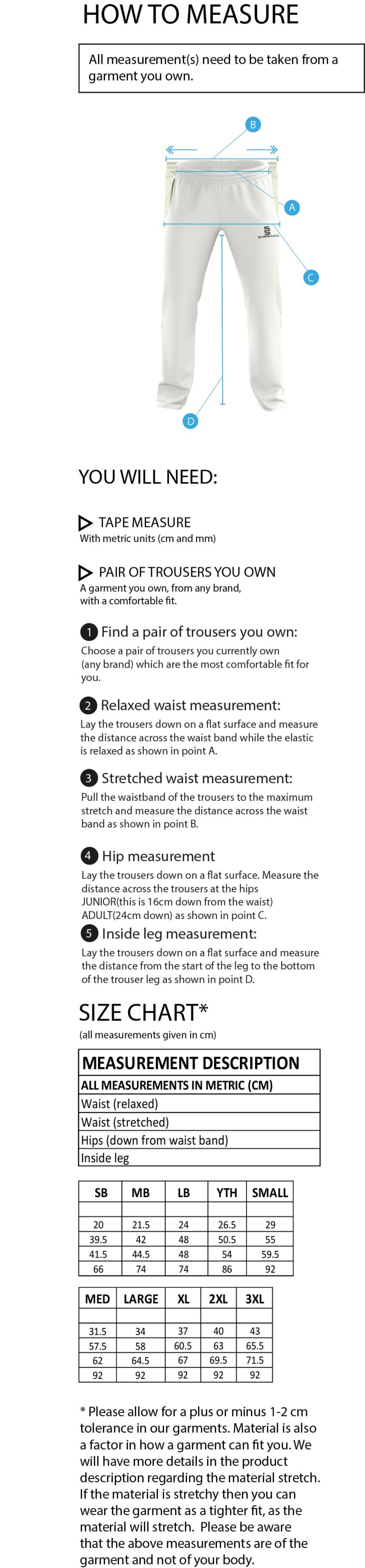 Cumbria 50's Standard Playing Pant - Size Guide