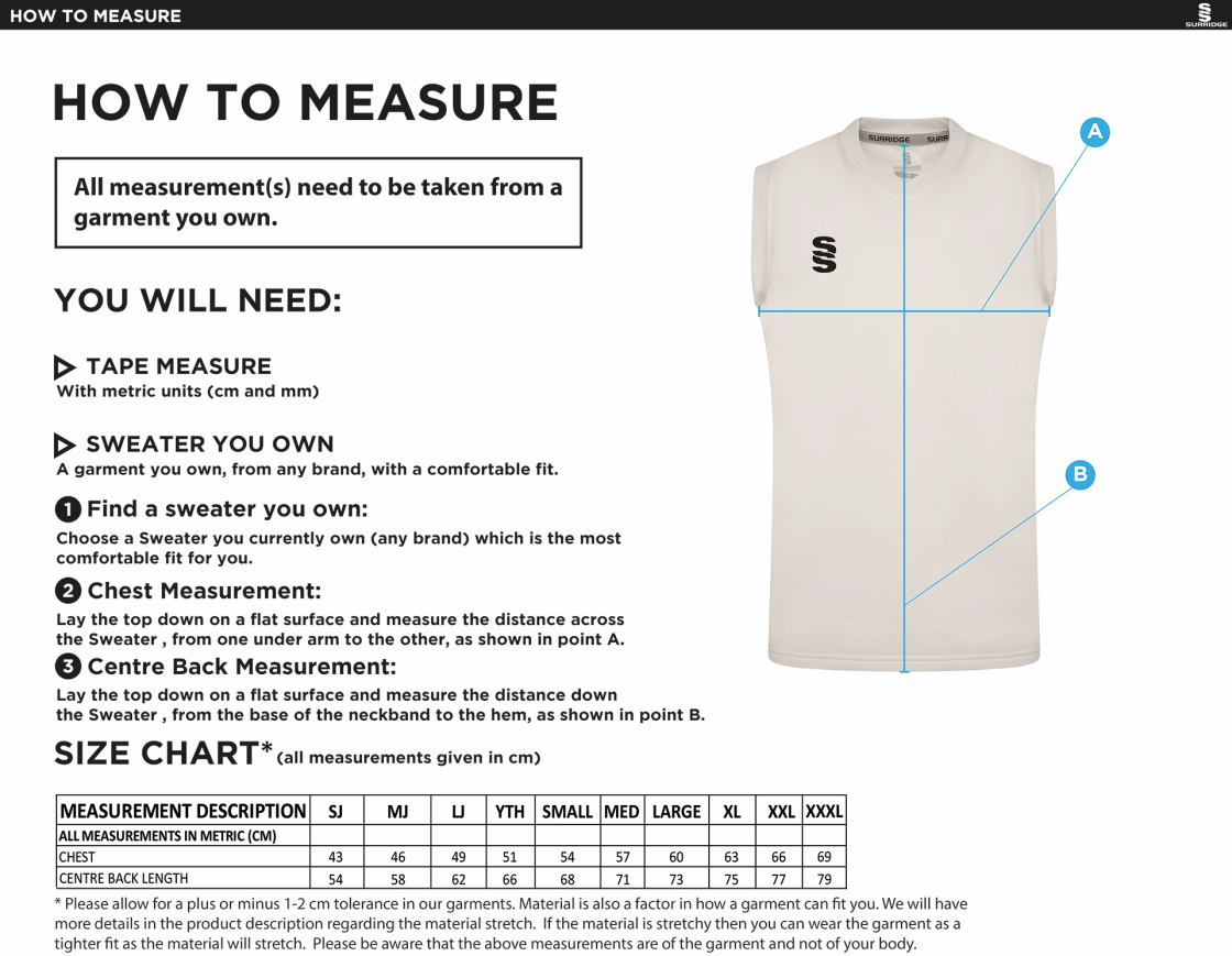 Cumbria 50's Blast Sleeveless Cricket Sweater - Size Guide