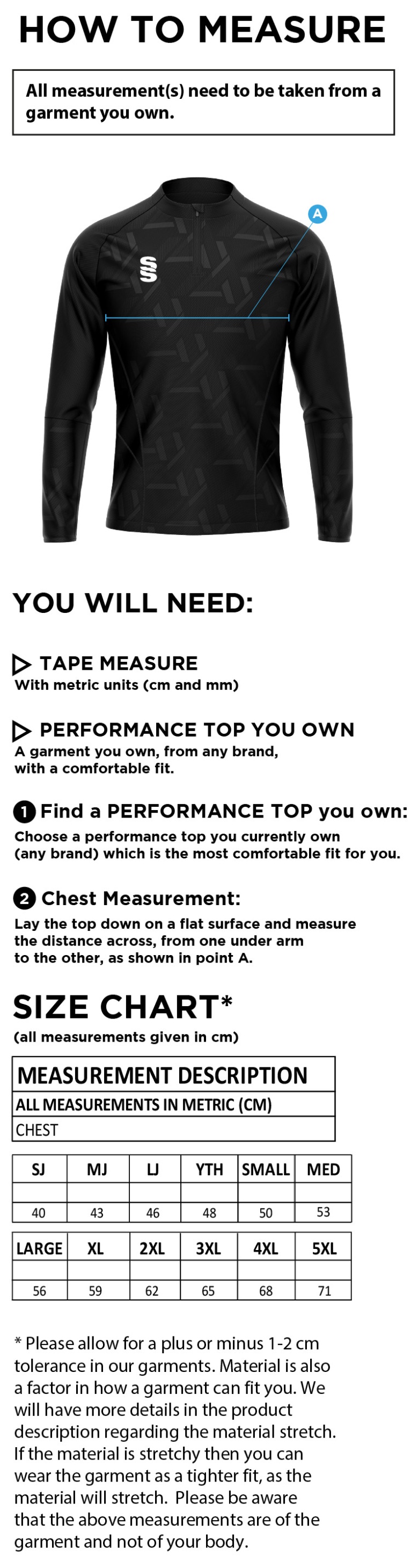 Cumbria 50's Impact 1/4 Zip Performance Top - Size Guide