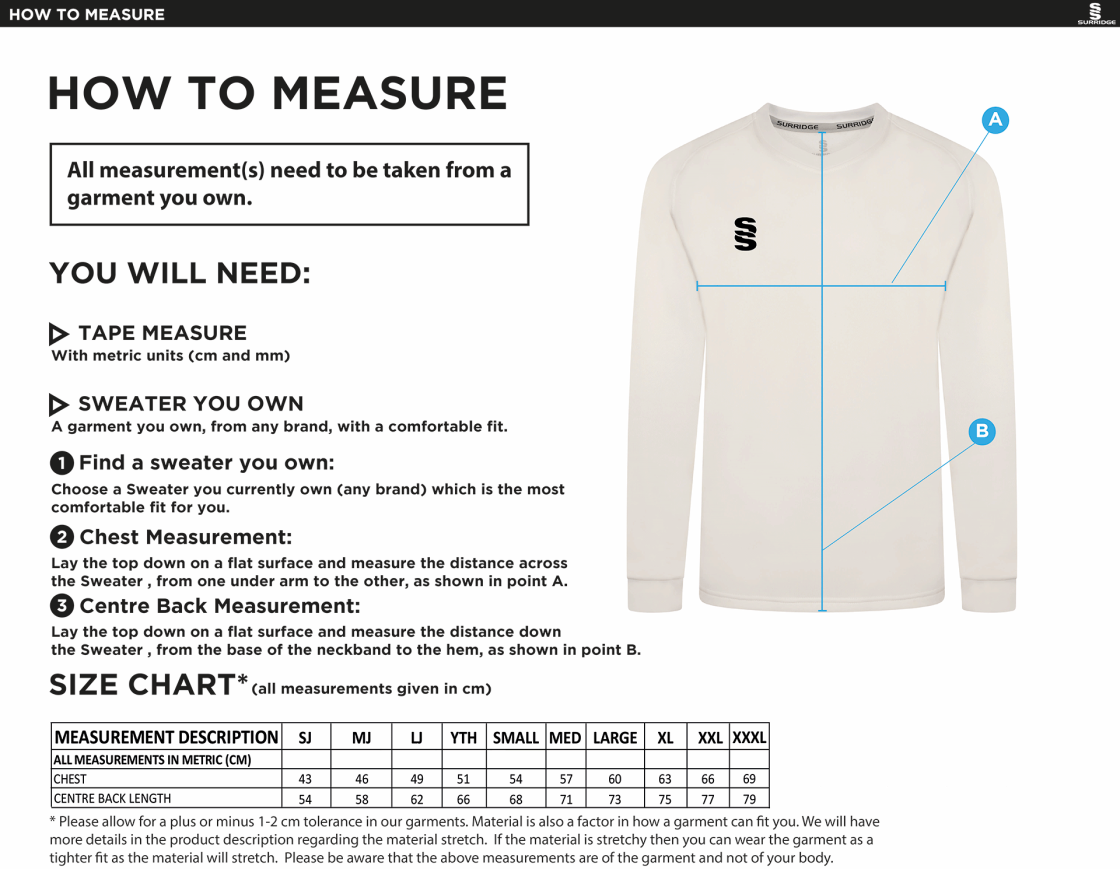 Cumbria 50's Blast Long Sleeve Cricket Sweater - Size Guide