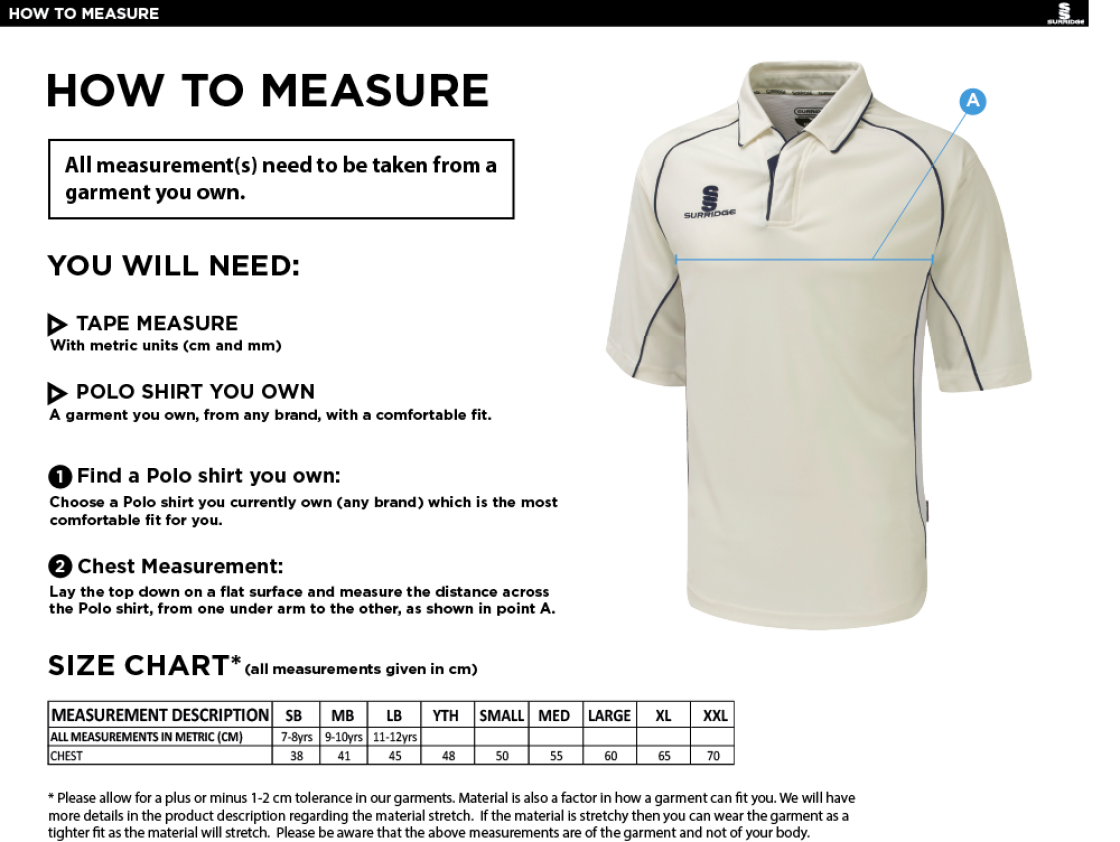 Cumbria 50's Dual Premier Short Sleeve Shirt - Size Guide