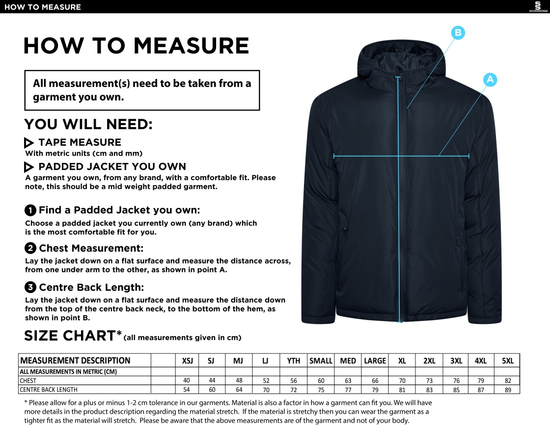 Cumbria 50's Active Padded Jacket - Navy - Size Guide