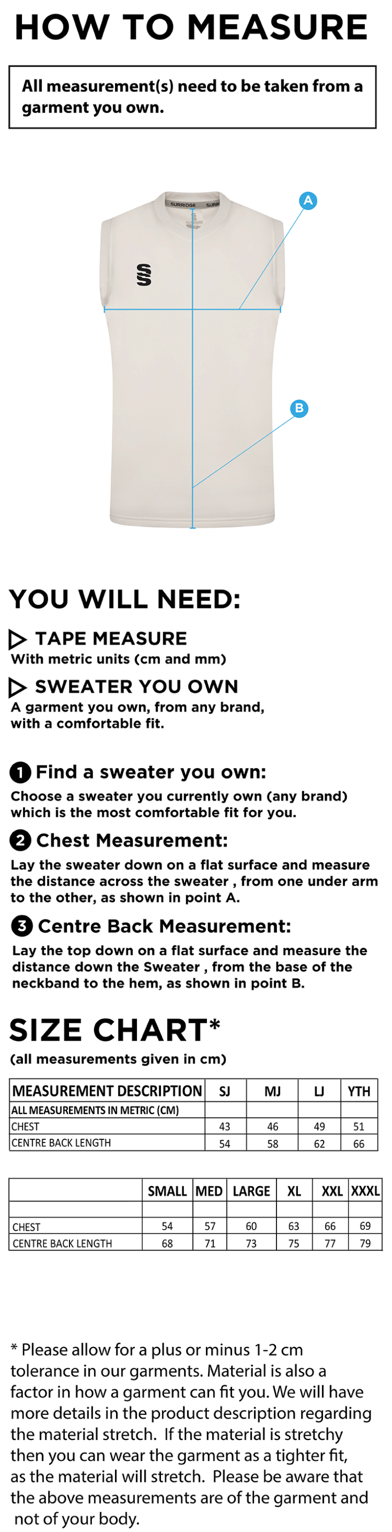 Cumbria 50's Blast Sleeveless Cricket Sweater - Size Guide