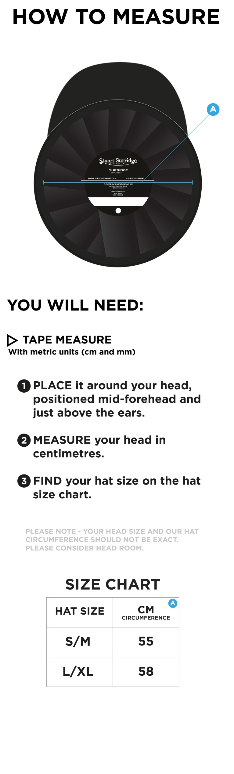 Cumbria 50's Baggy Cricket Cap - Navy - Size Guide