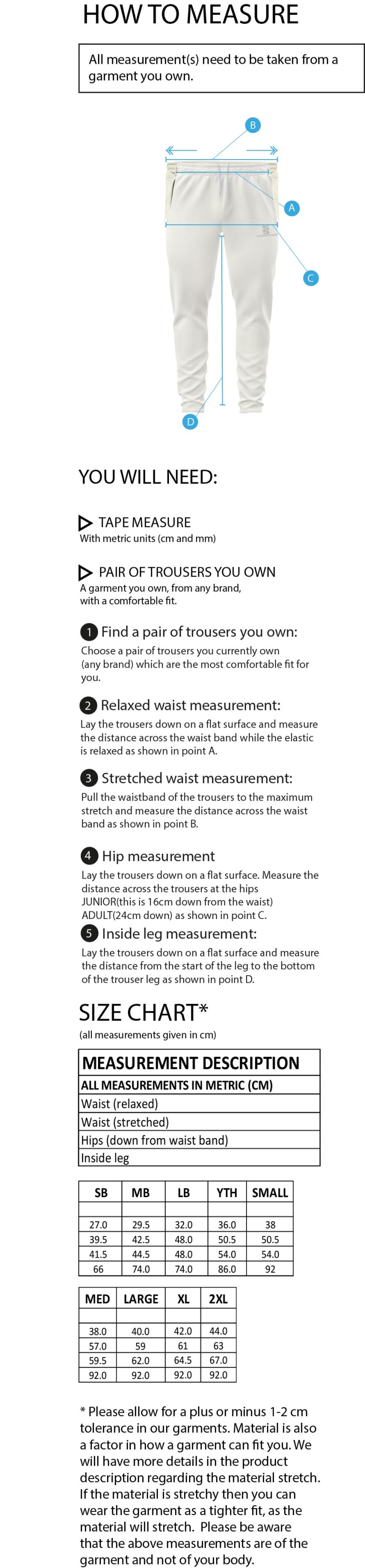 Cumbria 50's Blade Playing Pant - Size Guide