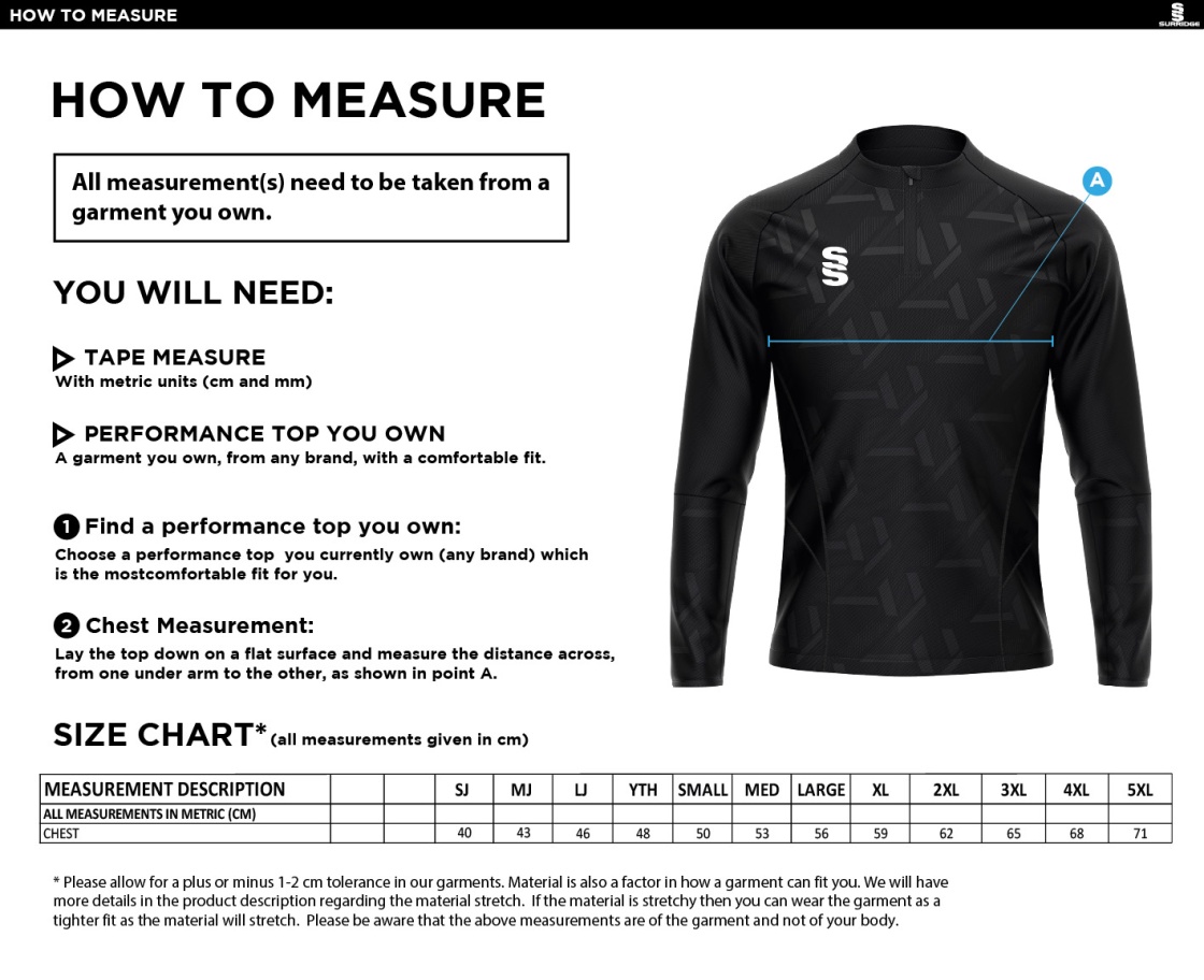 Cumbria 50's Impact 1/4 Zip Performance Top - Size Guide
