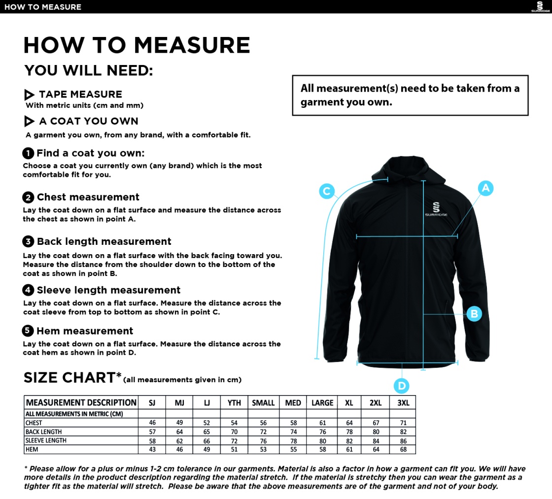 Cumbria 50's Dual Elite 1/4 Zip Hoody / Rain Jacket - Size Guide