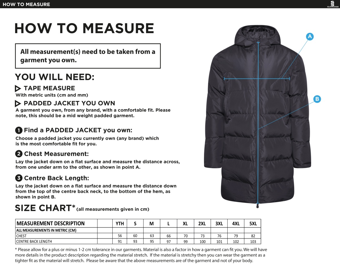 Cumbria 50's ACTIVE LONG PADDED JACKETS - Size Guide