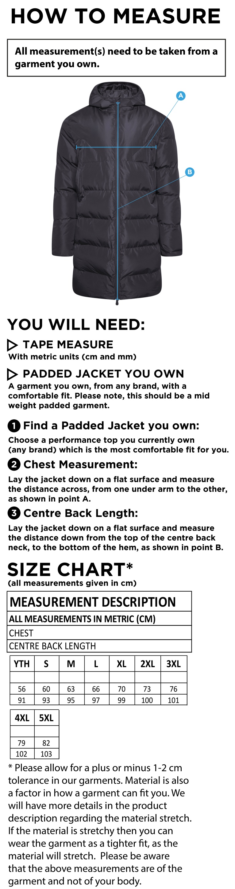 Cumbria 50's ACTIVE LONG PADDED JACKETS - Size Guide